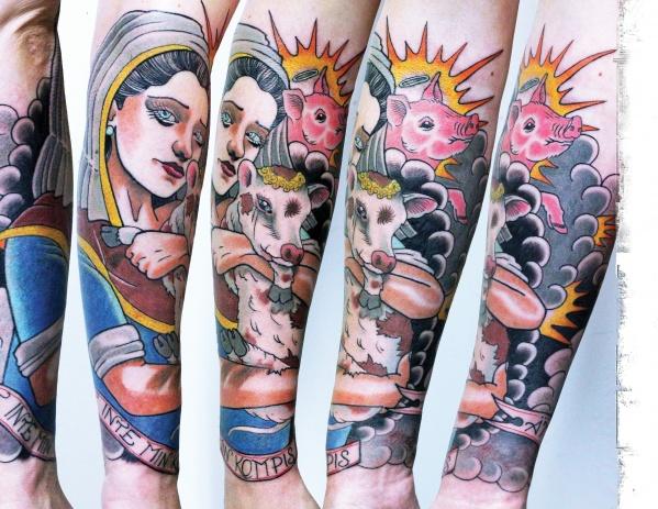 The New Old School" by Schiffer Publishing, Ltd. showcases striking tattoo art on the arm, blending traditional tattoo designs with bold lines and vibrant colors.