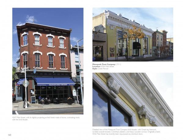 Featured in "Historic Architecture in Philadelphia: East Falls, Manayunk, and Roxborough" by Schiffer Publishing, Ltd., a red-brick building with stone trim appears with images of ornate classical architecture in Manayunk and East Falls.