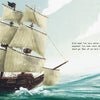 A large sailing ship with cream-colored sails glides over turquoise waves beneath a partly cloudy sky. To the right, a congratulatory message and instructions for the next Pirates Escape Game by Schiffer Publishing, Ltd. appear.