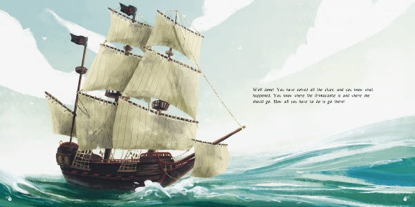 A large sailing ship with cream-colored sails glides over turquoise waves beneath a partly cloudy sky. To the right, a congratulatory message and instructions for the next Pirates Escape Game by Schiffer Publishing, Ltd. appear.