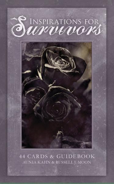 The book cover for Inspirations for Survivors by Schiffer Publishing, Ltd. features a dark, artistic image of two roses symbolizing healing, with the subtitle "44 Inspirational Cards & Guidebook by Aunia Kahn & Russell J. Moon" on a textured purple background.
