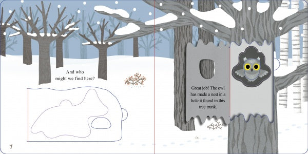 In "Who Is Hiding in the Forest?" by Schiffer Publishing, Ltd., lift the flap to discover a snowy forest scene where a smiling owl is nestled in a tree trunk for winter. Perfect for exploring nature and animal habitats with little ones!.