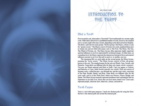 A two-page spread from Schiffer Publishing, Ltd.’s book Tarot: left page is blue with starburst motifs; right page titled "Introduction to the Tarot," discussing Tarot symbolism, "What is Tarot?" and "Tarot’s Purpose" sections.