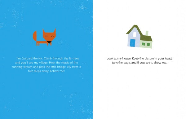 Where Is My House? by Schiffer Publishing, Ltd. features a blue page with an orange fox illustration and white text, plus a white page inviting kids to remember and describe a house—great for developing observation and memory skills.