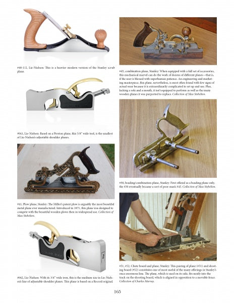 A page from Schiffer Publishing, Ltd.'s "Hand Planes in the Modern Shop" shows detailed photos and descriptions of wooden and metal hand planes—ideal for woodworkers and anyone interested in plane restoration.