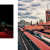 On the left, a glowing OMSI sign lights up the night walkway; on the right, Union Station's clock tower and train platforms stand against Portland’s cityscape by day. Featured in "Greater Portland, Oregon" by Schiffer Publishing, Ltd.