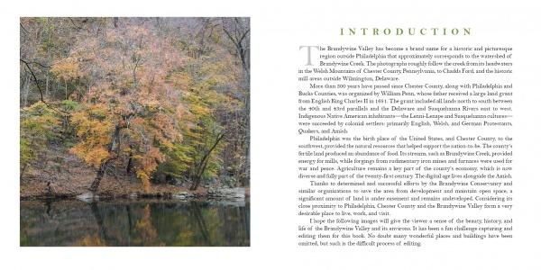 A photo of autumn trees mirrored in Brandywine Creek appears next to the “Introduction” text, highlighting the history and beauty of Pennsylvania’s Brandywine Valley. Product: Brandywine Valley by Schiffer Publishing, Ltd.