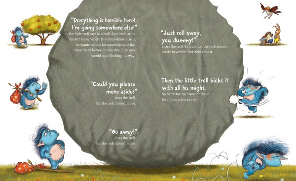 In "The Grumbletroll" by Schiffer Publishing, Ltd., small blue trolls try to move a giant gray rock—one pushes, one asks politely, another kicks—as animals watch and the story introduces anger management for children.
