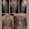 Five tattoos from "I Love Tattoos" by Schiffer Publishing, Ltd. are shown: three arm tattoos of a steam train with workers, a back tattoo of the Virgin Mary with roses, and a side tattoo of Mona Lisa in an ornate frame.
