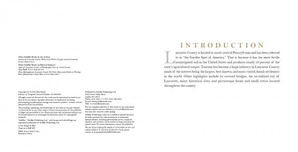 The introduction of "Lancaster County: A Keepsake" by Schiffer Publishing, Ltd. explores the county’s deep history, agricultural importance, and Amish community, with copyright details on the left and an “INTRODUCTION” heading on the right.