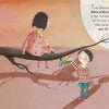 A girl in a pink dress sits on a branch while a boy below hands her a striped toy. Warm sky glows above—an ideal scene for "The Magic in a Smile" by Schiffer Publishing, Ltd., with story text in speech bubbles nearby.