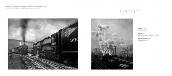 Two black-and-white steam train photos depict mid-20th-century rail travel: one on curved tracks with smoke, one at a station. At right is the table of contents for "Trains" by Schiffer Publishing, Ltd., featuring A. Aubrey Bodine's work.