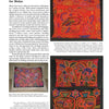 A magazine page, Contemporary Uses for Molas, highlights colorful Kuna textile art from The Mola by Schiffer Publishing, Ltd., featuring three pillows with intricate red, yellow, and pink designs and text on their uses and history.