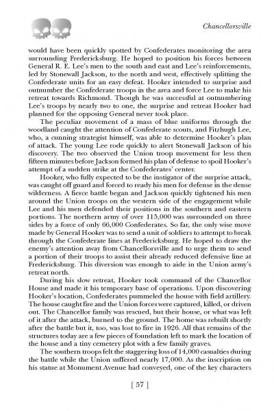 A page from "Haunted Battlefields" by Schiffer Publishing, Ltd. reviews Confederate and Union strategies at Chancellorsville, naming Lee, Hooker, and Stonewall Jackson—Virginia Civil War ghosts. Black serif font; page 57, bottom.
