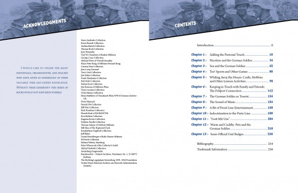 The left page of "Ruhetag, The Day to Day Life of the German Soldier in WWII" (Schiffer Publishing, Ltd.) features acknowledgments and a quote. The right lists chapter titles with page numbers on daily life, overlaid on a faded background photo.