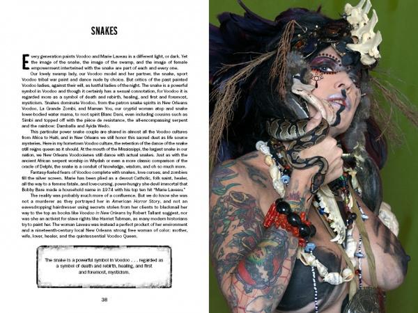 A tattooed person with dramatic makeup, jewelry, and bone accessories poses with a black snake; to the left is a page from Justice Howard’s Voodoo by Schiffer Publishing, Ltd., discussing snakes in Voodoo and cultural symbolism.