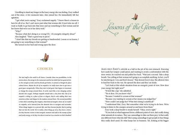A two-page cream spread from Schiffer Publishing, Ltd.'s "The Empath's Quest" shows hummingbird art. The left, "CHOICES," discusses empathy; the right, "Lessons of the Geometry," explores destiny and life purpose in text below.