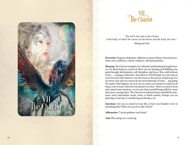 The Tarot of Enchanted Dreams by Schiffer Publishing, Ltd. features the VII The Chariot card with a resolute woman and winged horse; the facing page provides keywords, meanings, questions, and advice for your journey.