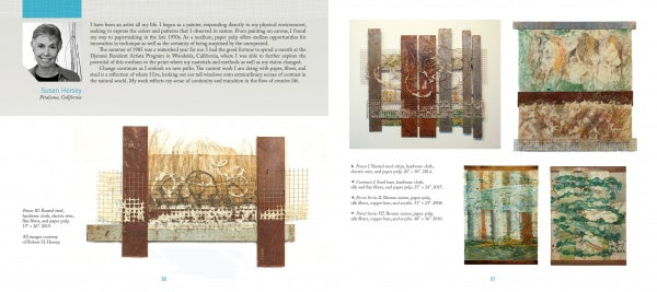 A two-page spread from *Artistry in Fiber, Vol. 1* by Schiffer Publishing, Ltd., showcases Susan Hoenig’s mixed-media abstract fiber art, including her headshot, artist statement, and five earthy-toned, textured artworks.