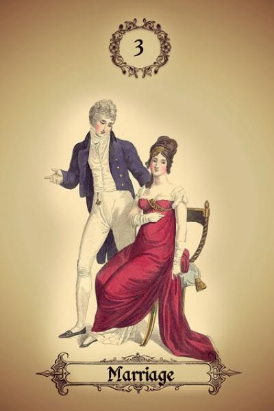 A vintage image from The Art of Kipper Reading by Schiffer Publishing, Ltd. shows a man in a blue tailcoat and woman in red, seated together on the “Marriage” card (No. 3), used for German divination and spreads, with ornate borders.
