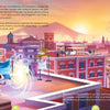 A small robot stands on a rooftop near a glowing portal, overlooking a colorful city at sunset. Birds fly above as “Escape Game Adventure: Operation Pizza” by Schiffer Publishing, Ltd. appears at the top and bottom of the image.