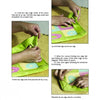 A step-by-step guide from Schiffer Publishing, Ltd.’s "How to Hook Rugs" shows hands folding and stitching green fabric over a colorful rug, with three images demonstrating folding, mitered corners, and securing binding to finish your rug edges.