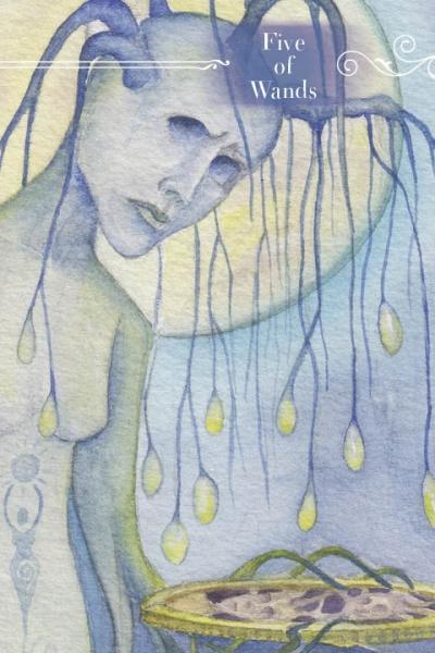 A watercolor illustration from the "Guardian Tarot" by Schiffer Publishing, Ltd. depicts the Five of Wands as a blue-toned, androgynous figure with glowing tendril orbs, symbolizing personal growth beneath a radiant moon.