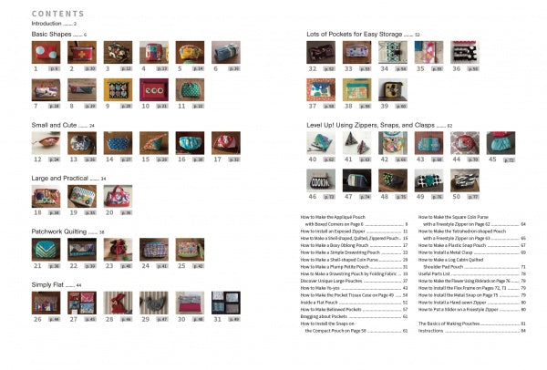 An image of the contents page from "50 Pouches" by Schiffer Publishing, Ltd. shows thumbnail photos of handmade bags and sewing pouches organized into sections like Basic Shapes, Small and Cute, Large and Practical, and Patchwork Quilting.