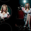 A woman sitting in a chair with popcorn and a straw channels classic pin-up girls, evoking the style of Celeste Giuliano's Pin-ups in 3-D from Schiffer Publishing, Ltd.