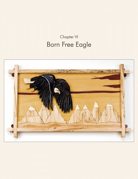 American Bald Eagles in Intarsia by Schiffer Publishing, Ltd. features a soaring black eagle over carved mountains and a light tan sky, showcasing exquisite American Bald Eagle wood art craftsmanship.