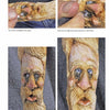Four step-by-step images inspired by Tom Wolfe Carves Spirit Canes from Schiffer Publishing, Ltd. show a bearded wood face being painted, highlighting the addition of white and blue to the eyes before revealing the finished, colored look.