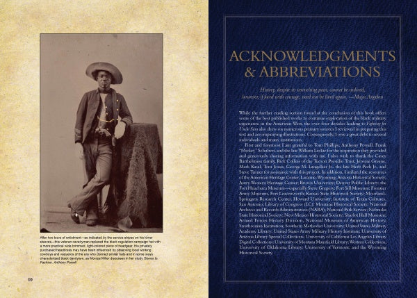 A two-page spread from "Fighting for Uncle Sam" by Schiffer Publishing, Ltd.: left page features a sepia photo of a man in hat and boots; right page, on African American military history, is titled "Acknowledgments & Abbreviations" with text and names.