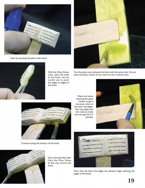 A step-by-step photo guide from Schiffer Publishing, Ltd. shows hands painting Carving Caricature Bookmarks in olive green and white, demonstrating coloring techniques for pages, edges, and bookmarks. Each image provides instructions.