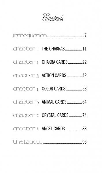 The table of contents in Healing Light and Angel Cards by Schiffer Publishing, Ltd. lists the introduction and chapters on chakras, action, color, animal, crystal, and angel cards, plus layout, with page numbers for your chakra healing journey.