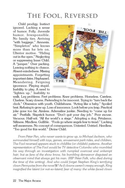 A page from "Tarot in Reverse" by Schiffer Publishing, Ltd. shows The Fool, Reversed card, explores reversed Tarot meanings, and includes a boxed note on celebrities with similar traits for extra reference.