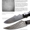 A Schiffer Publishing, Ltd. book page features two Damascus Steel knives with intricate wavy blade patterns and an inset showing a matching geometric steel square, alongside text on blacksmithing methods for forging Damascus Steel designs.