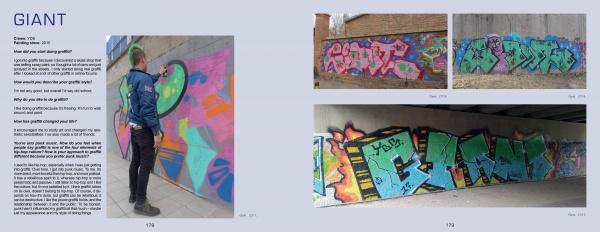 A person in blue spray-paints graffiti on a wall, embracing the culture. The page shows three photos of bold, colorful urban graffiti and text about “GIANT” on the left. Product: Beijing Graffiti by Schiffer Publishing, Ltd.
