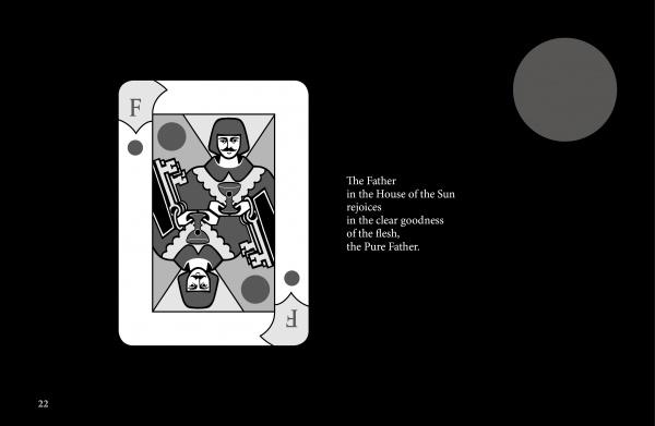 A black and white playing card from The High Deck by Schiffer Publishing, Ltd. shows mirrored kings with key symbols on the left. On the right, a poetic verse about the Father and House of the Sun is printed in white, with a gray circle at top right.