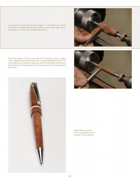 A step-by-step guide from Schiffer Publishing, Ltd. on Turning Modified Slimline Pens, featuring three images—two of woodturning and one of the finished pen kit—with clear instructions and descriptions.