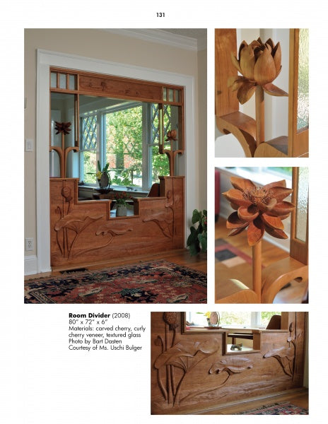 Studio Furniture by Schiffer Publishing, Ltd. is a wooden room divider featuring glass panels and intricate lotus flower carvings. Expert craftsmanship highlights its artistic design and natural elegance, making it a stunning accent between rooms.