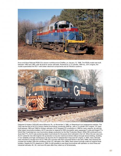 The cover of Schiffer Publishing, Ltd.'s "Iron Trails of North America" features a blue and gray Kane and Knox Railroad RS18 701 locomotive above a blue, gray, and orange Delaware & Hudson 4201 from classic North American railroads.