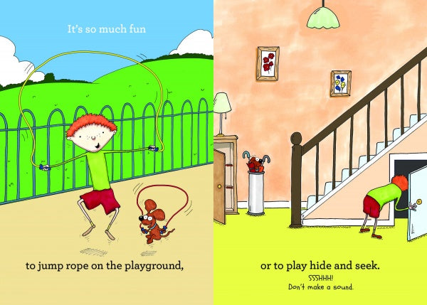 In this squarzi scene from Schiffer Publishing, Ltd., a red-haired child and a mouse jump rope outdoors on one side and play hide-and-seek indoors on the other, highlighting a cheerful message about embracing new experiences.
