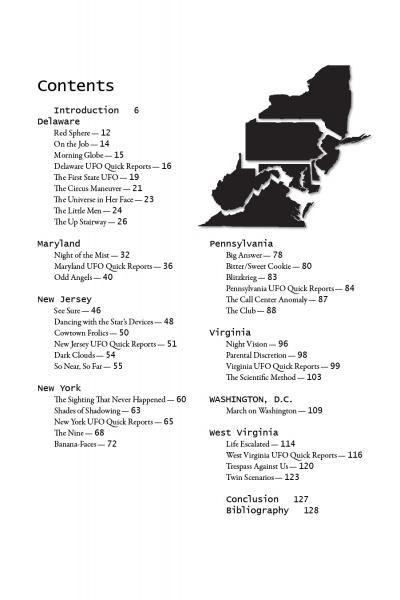 The table of contents in *Mid-Atlantic UFOs* by Schiffer Publishing, Ltd. features a stylized Northeast map and lists chapters by state—including Delaware and Maryland—covering regional UFO sightings, abductions, tech, and key findings.
