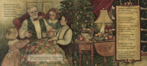 An elderly man, young girl, and woman gather by a patchwork quilt beneath a Christmas tree in "The Visit" by Schiffer Publishing, Ltd.—a cozy holiday scene perfect for reading. Text appears on the right side.