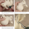 Four step-by-step photos from Carving Animals -- Bunnies and Chipmunks by Schiffer Publishing, Ltd. show hands using a rotary tool to carve a wooden bunny, with close-ups detailing each stage of the animal carving process.