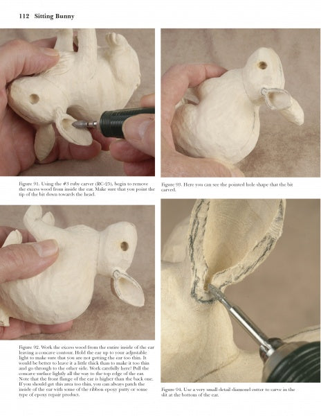 Four step-by-step photos from Carving Animals -- Bunnies and Chipmunks by Schiffer Publishing, Ltd. show hands using a rotary tool to carve a wooden bunny, with close-ups detailing each stage of the animal carving process.