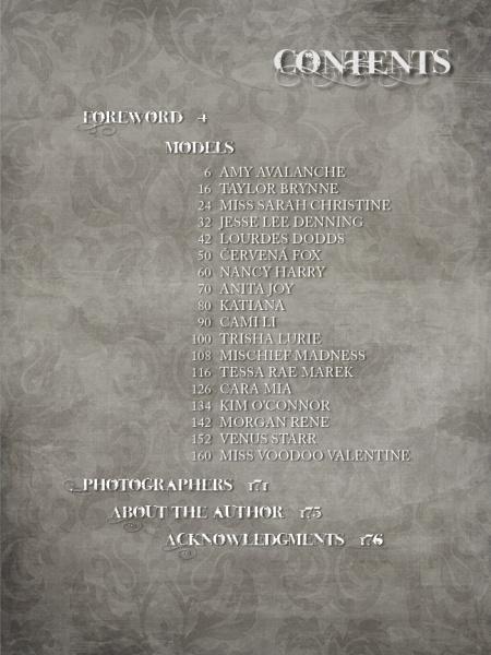 The textured gray Contents page of Ink ’N Girls 2 by Schiffer Publishing, Ltd. highlights Foreword, 15 tattoo models, Photographers, About the Author, and Acknowledgements with decorative numbers—celebrating tattoo culture.