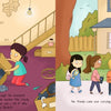 In "Geraldine and the Anti-Bullying Shield" by Schiffer Publishing, Ltd., a girl searches a toolbox in a basement while, outside, children bring supplies to a house where another girl waves from the doorstep.
