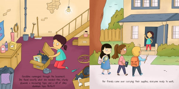 In "Geraldine and the Anti-Bullying Shield" by Schiffer Publishing, Ltd., a girl searches a toolbox in a basement while, outside, children bring supplies to a house where another girl waves from the doorstep.