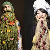 Two women display their competitive bearding skills—one wears a green yarn beard with butterflies and flowers, the other a straw beard with red balls and a chef’s hat—celebrating creative pogonotrophy with Art of the Beard by Schiffer Publishing, Ltd.